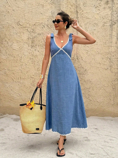 Frenchy Women's Vacation Sleeveless Casual Mid-Length Dress With Knot Detail,Summer Dresses For Women