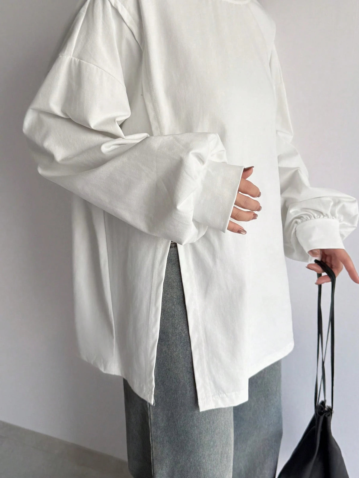 FRIFUL Solid Color Women's Slit Side Drop Shoulder T-Shirt,Fall Clothes Long Sleeve Women Tops