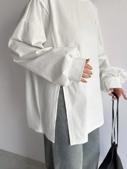FRIFUL Solid Color Women's Slit Side Drop Shoulder T-Shirt,Fall Clothes Long Sleeve Women Tops