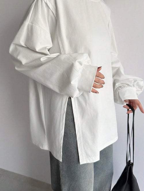 FRIFUL Solid Color Women's Slit Side Drop Shoulder T-Shirt,Fall Clothes Long Sleeve Women Tops
