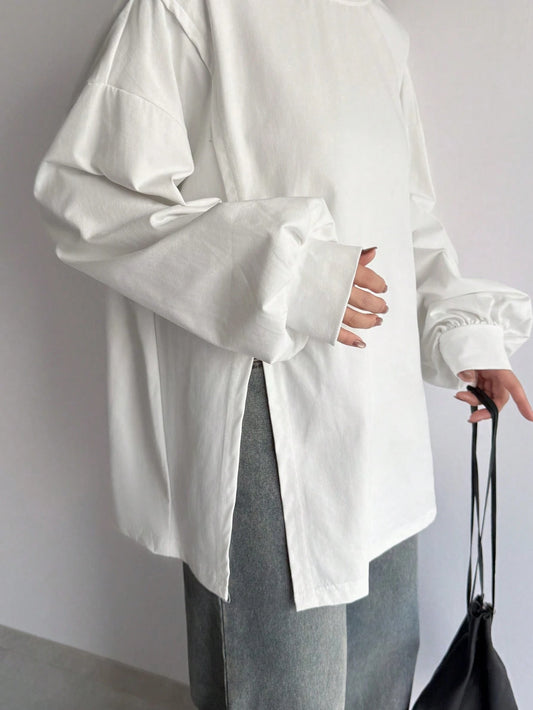 FRIFUL Solid Color Women's Slit Side Drop Shoulder T-Shirt,Fall Clothes Long Sleeve Women Tops