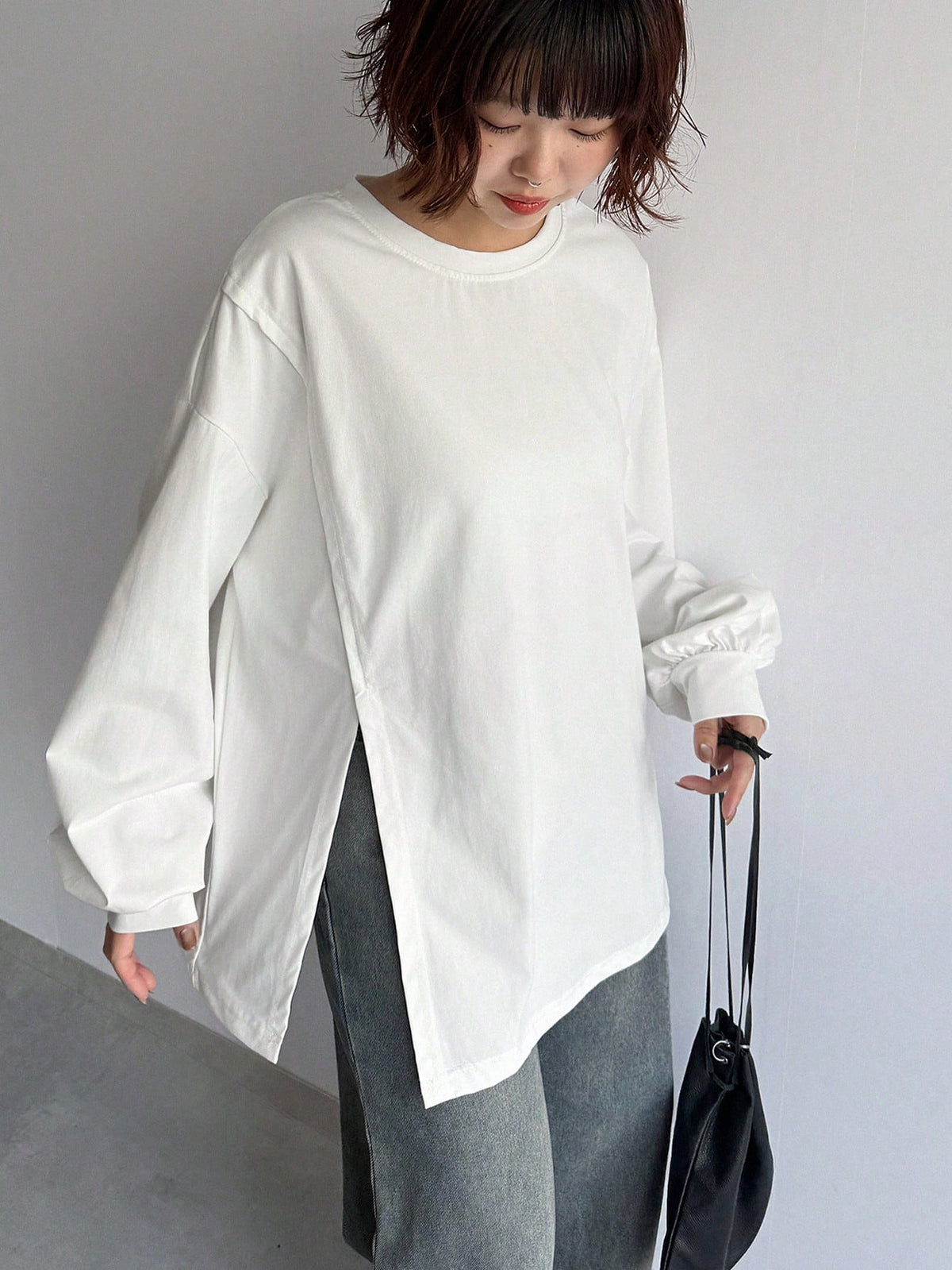FRIFUL Solid Color Women's Slit Side Drop Shoulder T-Shirt,Fall Clothes Long Sleeve Women Tops