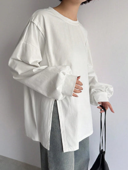 FRIFUL Solid Color Women's Slit Side Drop Shoulder T-Shirt,Fall Clothes Long Sleeve Women Tops