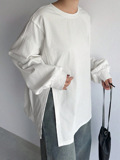 FRIFUL Solid Color Women's Slit Side Drop Shoulder T-Shirt,Fall Clothes Long Sleeve Women Tops