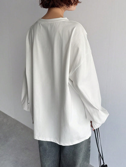 FRIFUL Solid Color Women's Slit Side Drop Shoulder T-Shirt,Fall Clothes Long Sleeve Women Tops