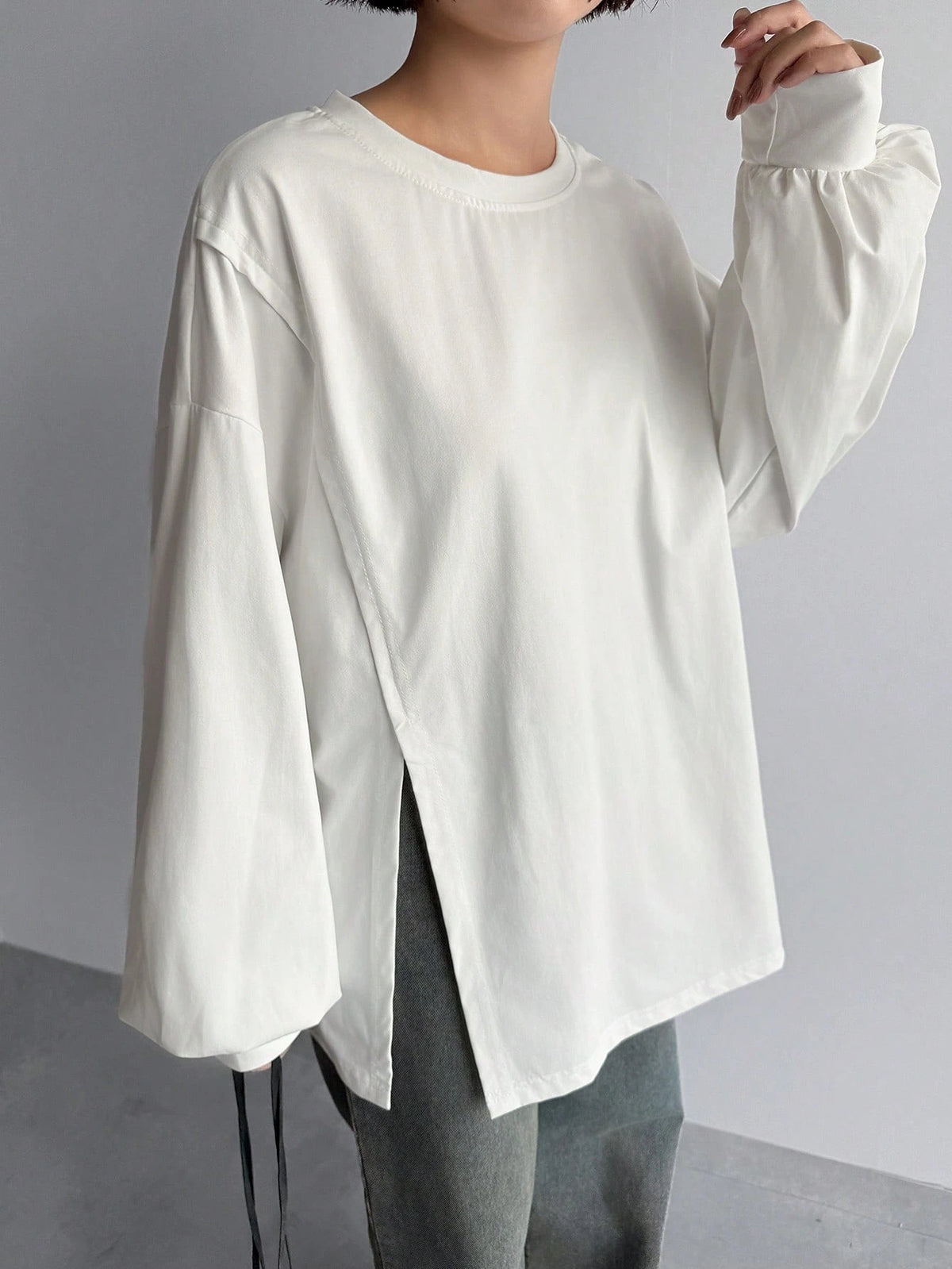 FRIFUL Solid Color Women's Slit Side Drop Shoulder T-Shirt,Fall Clothes Long Sleeve Women Tops