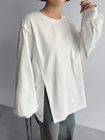 FRIFUL Solid Color Women's Slit Side Drop Shoulder T-Shirt,Fall Clothes Long Sleeve Women Tops