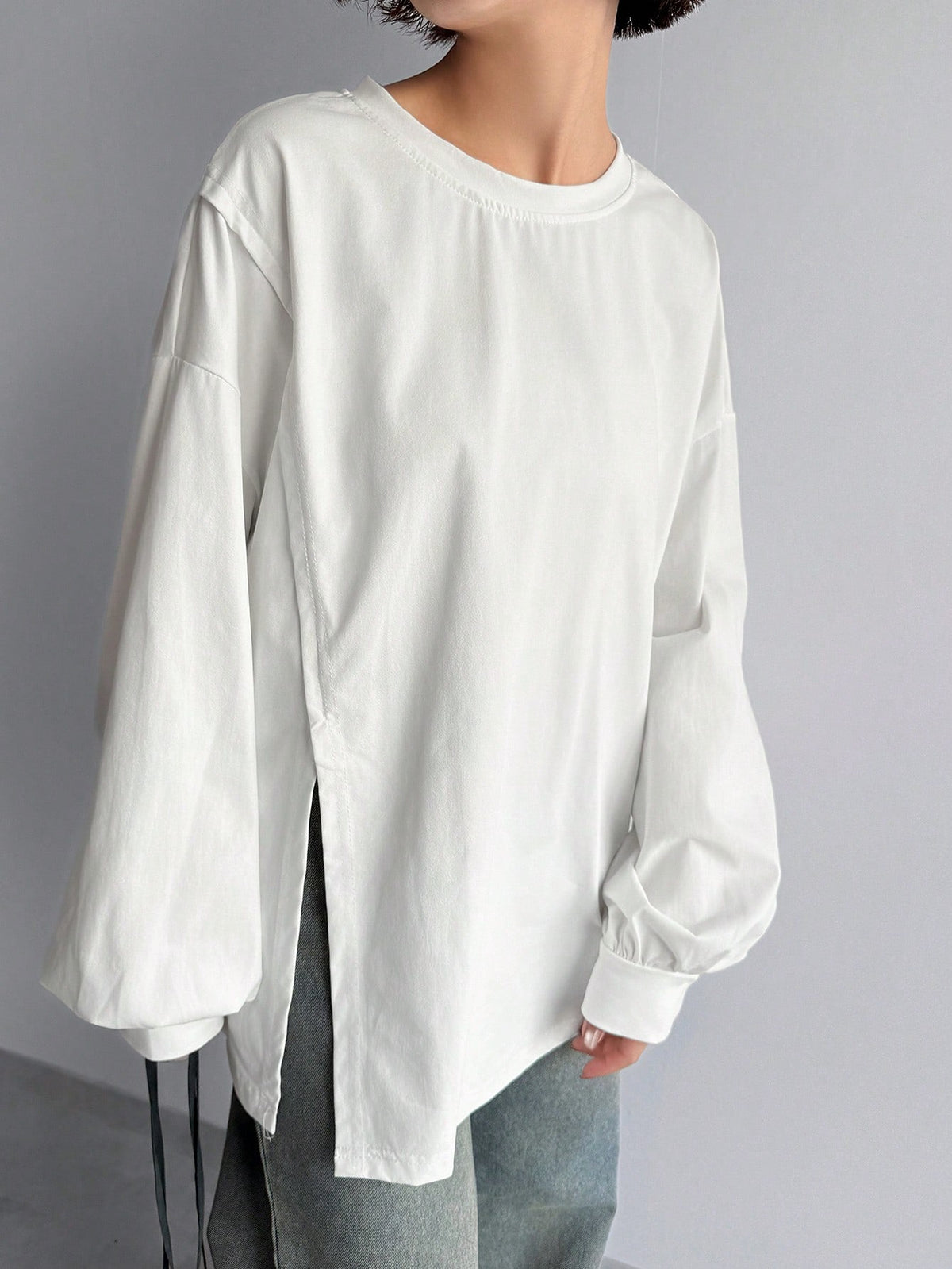 FRIFUL Solid Color Women's Slit Side Drop Shoulder T-Shirt,Fall Clothes Long Sleeve Women Tops