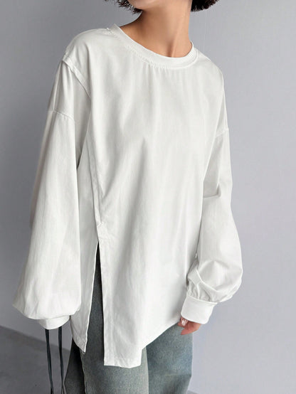 FRIFUL Solid Color Women's Slit Side Drop Shoulder T-Shirt,Fall Clothes Long Sleeve Women Tops