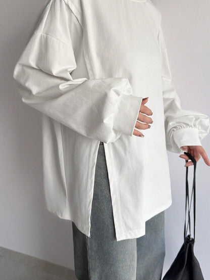 FRIFUL Solid Color Women's Slit Side Drop Shoulder T-Shirt,Fall Clothes Long Sleeve Women Tops