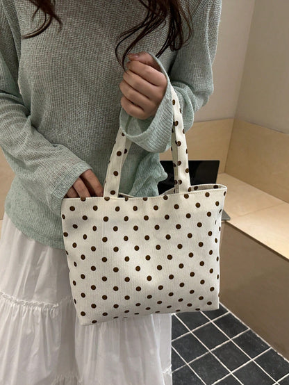 FRIFUL Spring/Summer New Polka Dot Tote Bag, Large Capacity Cute Girl Shoulder Cloth Bag, Handbag, Portable Mini Style, Corduroy Material, Polka Dot Print Decoration
