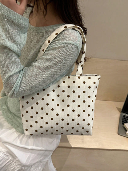FRIFUL Spring/Summer New Polka Dot Tote Bag, Large Capacity Cute Girl Shoulder Cloth Bag, Handbag, Portable Mini Style, Corduroy Material, Polka Dot Print Decoration