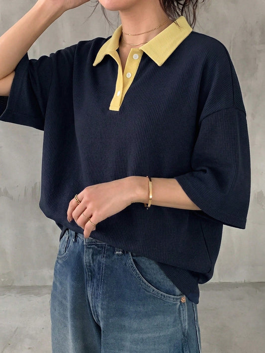 FRIFUL Women's Black & White Striped Loose Polo Neck Short Sleeve Casual T-Shirt, Summer