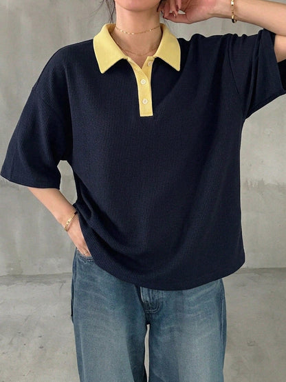 FRIFUL Women's Black & White Striped Loose Polo Neck Short Sleeve Casual T-Shirt, Summer