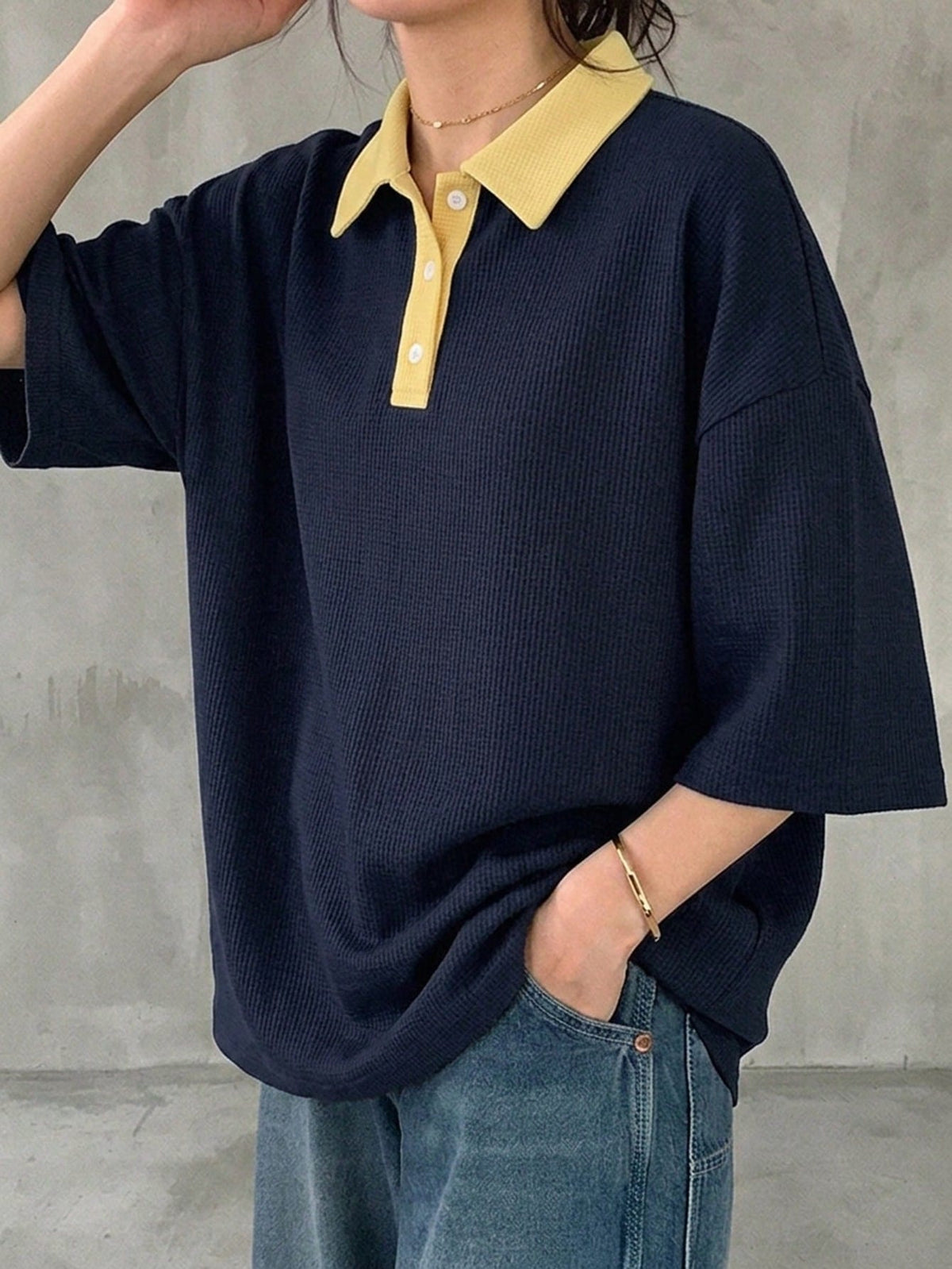 FRIFUL Women's Black & White Striped Loose Polo Neck Short Sleeve Casual T-Shirt, Summer