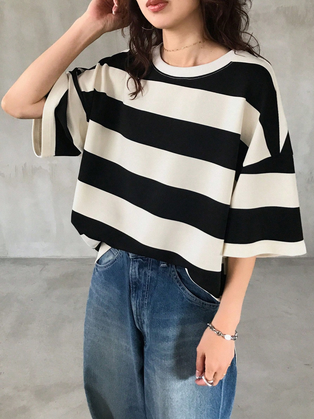 FRIFUL Women's Black & White Striped Loose Polo Neck Short Sleeve Casual T-Shirt, Summer