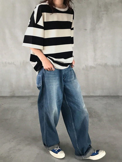 FRIFUL Women's Black & White Striped Loose Polo Neck Short Sleeve Casual T-Shirt, Summer
