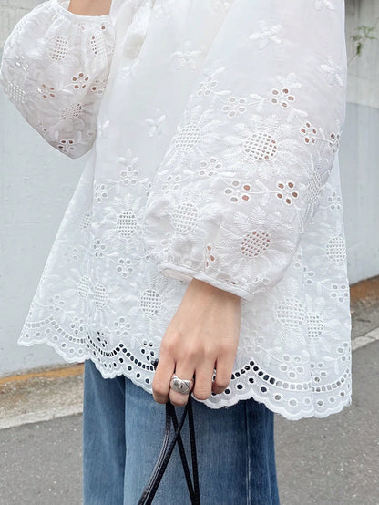 FRIFUL Women's White Embroidered Blouse With Tie Collar And Ruffle Trim, Mori Girl Style For Spring/Summer