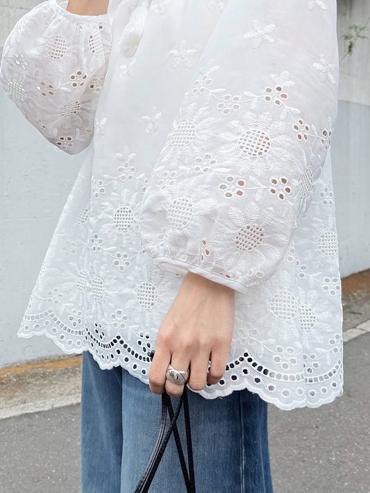 FRIFUL Women's White Embroidered Blouse With Tie Collar And Ruffle Trim, Mori Girl Style For Spring/Summer