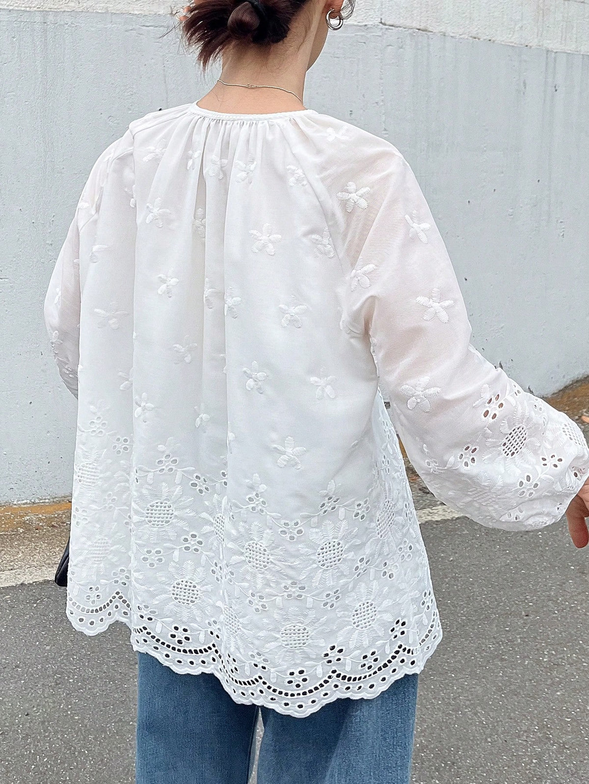 FRIFUL Women's White Embroidered Blouse With Tie Collar And Ruffle Trim, Mori Girl Style For Spring/Summer