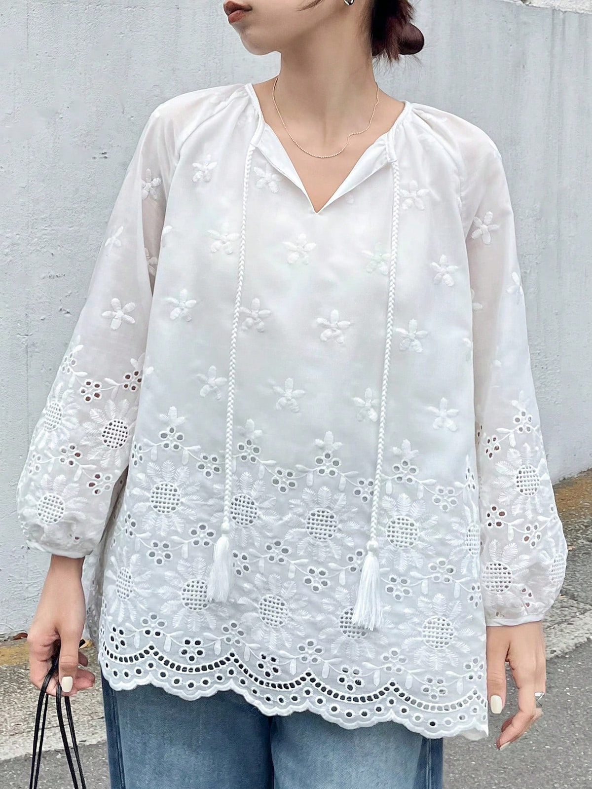 FRIFUL Women's White Embroidered Blouse With Tie Collar And Ruffle Trim, Mori Girl Style For Spring/Summer