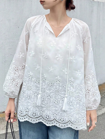 FRIFUL Women's White Embroidered Blouse With Tie Collar And Ruffle Trim, Mori Girl Style For Spring/Summer