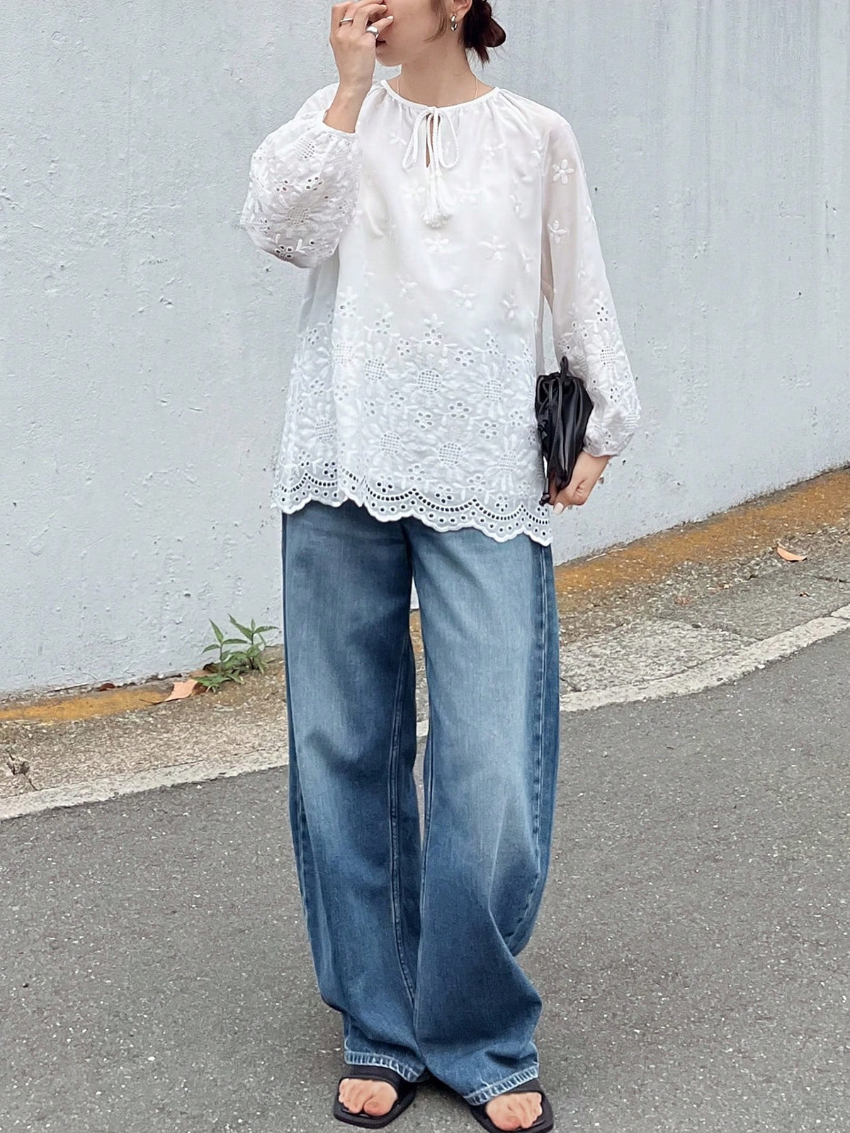 FRIFUL Women's White Embroidered Blouse With Tie Collar And Ruffle Trim, Mori Girl Style For Spring/Summer