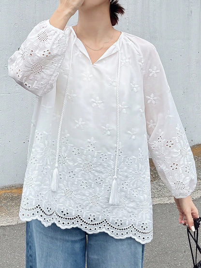 FRIFUL Women's White Embroidered Blouse With Tie Collar And Ruffle Trim, Mori Girl Style For Spring/Summer