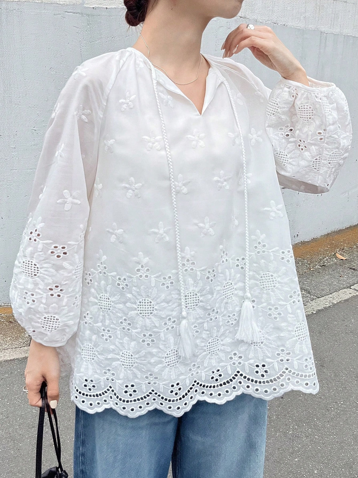 FRIFUL Women's White Embroidered Blouse With Tie Collar And Ruffle Trim, Mori Girl Style For Spring/Summer