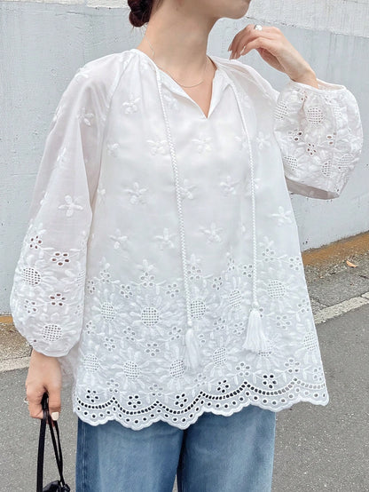 FRIFUL Women's White Embroidered Blouse With Tie Collar And Ruffle Trim, Mori Girl Style For Spring/Summer