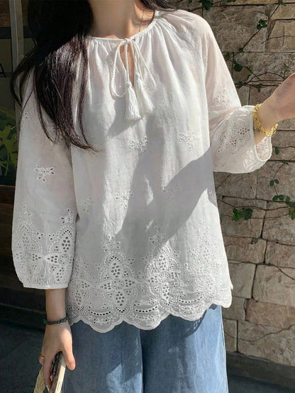 FRIFUL Women's White Embroidered Blouse With Tie Collar And Ruffle Trim, Mori Girl Style For Spring/Summer