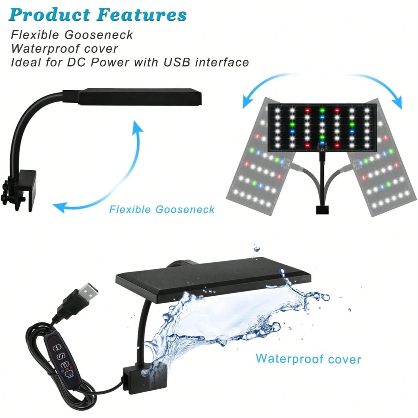 Full Spectrum Aquarium LED Lights For Small To Medium-Sized Fish Tanks. 42 LED Clip Lights Suitable For Aquatic Plant Lighting And Smart USB Universal Plant Lamps. The Clip Is Adjustable From 3 To 8 M