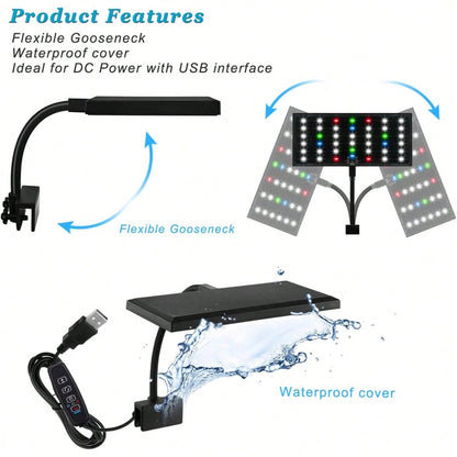 Full Spectrum Aquarium LED Lights For Small To Medium-Sized Fish Tanks. 42 LED Clip Lights Suitable For Aquatic Plant Lighting And Smart USB Universal Plant Lamps. The Clip Is Adjustable From 3 To 8 M