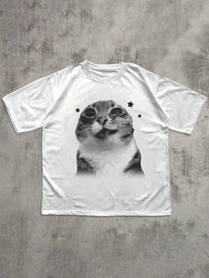 Fun Y2K Retro Cat T-Shirt, Quirky Cat T-Shirt, Vintage T-Shirt, Cute Round Neck Plus Size Women's T-Shirt. Casual Summer White