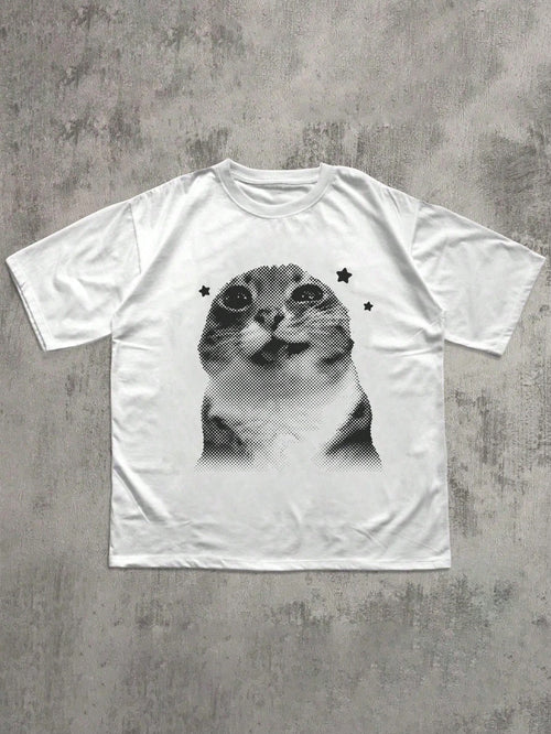 Fun Y2K Retro Cat T-Shirt, Quirky Cat T-Shirt, Vintage T-Shirt, Cute Round Neck Plus Size Women's T-Shirt. Casual Summer White