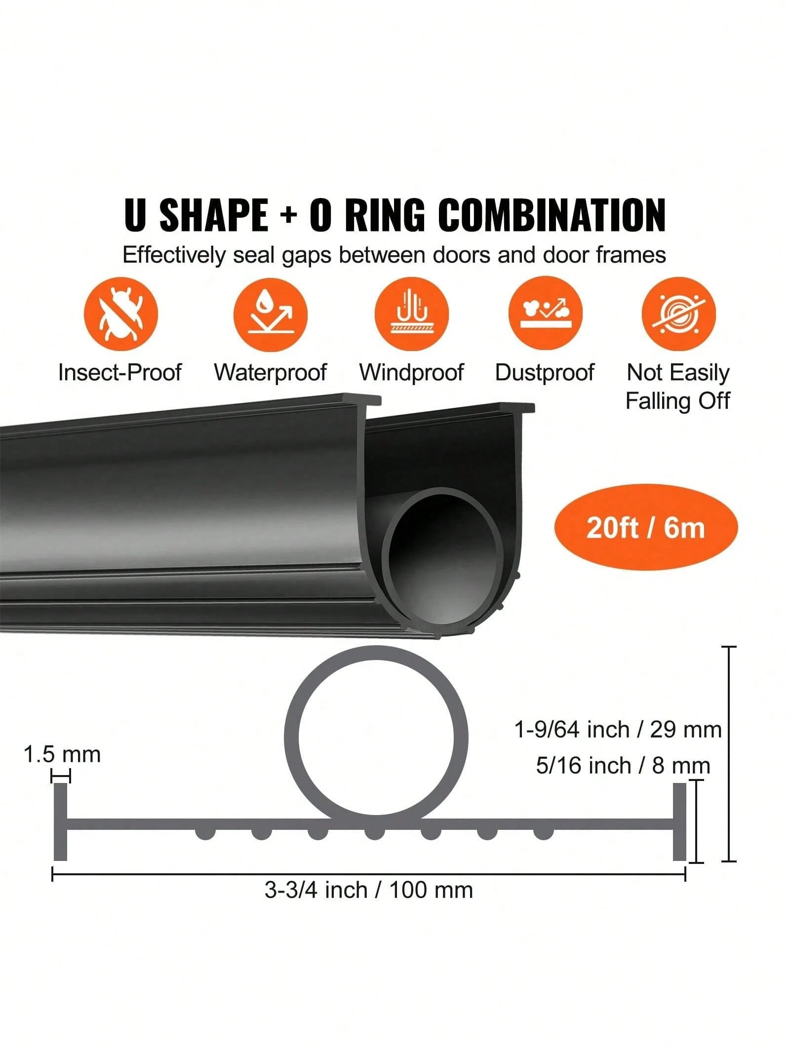 Garage Door Seals Bottom Rubber U Shape +O Ring Garage Door Weather Stripping Universal Weatherproof Threshold Buffering Sealing Rubber 5 16 Inch T-Ends And 3 3 4 Inch Width (20 Ft Black)