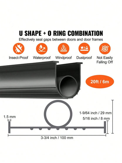 Garage Door Seals Bottom Rubber U Shape +O Ring Garage Door Weather Stripping Universal Weatherproof Threshold Buffering Sealing Rubber 5 16 Inch T-Ends And 3 3 4 Inch Width (20 Ft Black)