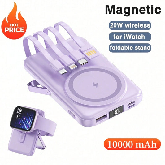GAWFOLK Pink 10000mAh Power Bank With Stand & Built-In Cable- 2-In-1 Magnetic Wireless Charging Station, Adjustable Kickstand For Hands-Free Viewing, Fast Charging Compatible With Apple/Android. Perf