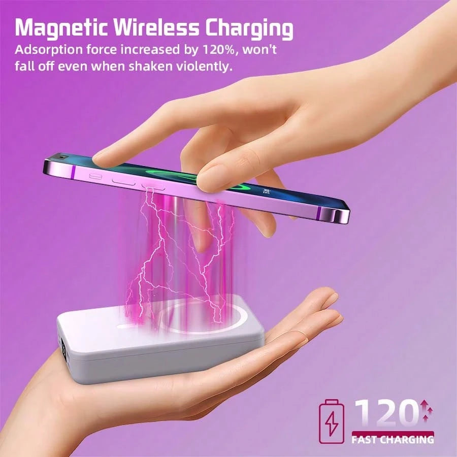 GAWFOLK Pink 10000mAh Power Bank With Stand & Built-In Cable- 2-In-1 Magnetic Wireless Charging Station, Adjustable Kickstand For Hands-Free Viewing, Fast Charging Compatible With Apple/Android. Perf
