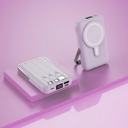 GAWFOLK Pink 10000mAh Power Bank With Stand & Built-In Cable- 2-In-1 Magnetic Wireless Charging Station, Adjustable Kickstand For Hands-Free Viewing, Fast Charging Compatible With Apple/Android. Perf