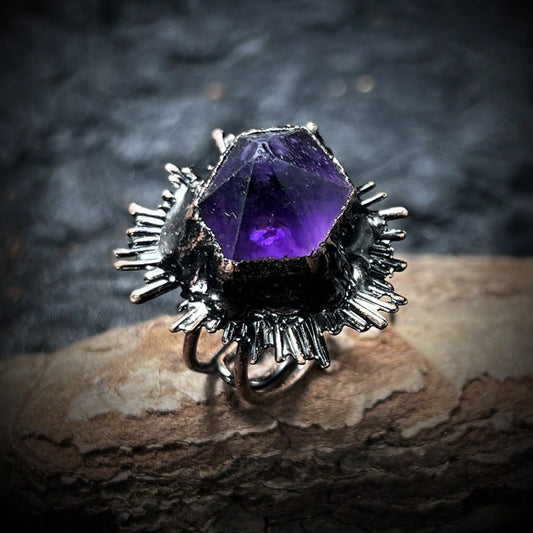 Gemstone Ring Women INS Vintage Natural Amethyst, Black Meteorite, Green Fluorite, Citrine, Labradorite Open Adjustable Bronze Ring Adjustable Siz