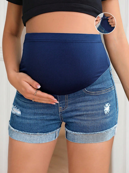 GentleRue Maternity Maternity Casual Washed Distressed Slim Fit Denim Shorts