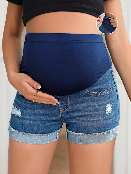 GentleRue Maternity Maternity Casual Washed Distressed Slim Fit Denim Shorts