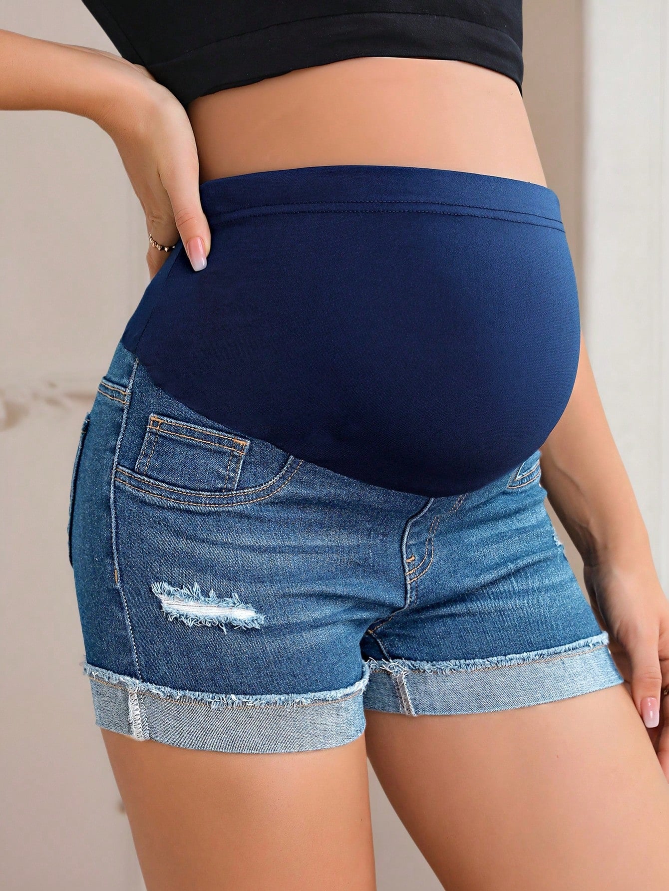 GentleRue Maternity Maternity Casual Washed Distressed Slim Fit Denim Shorts