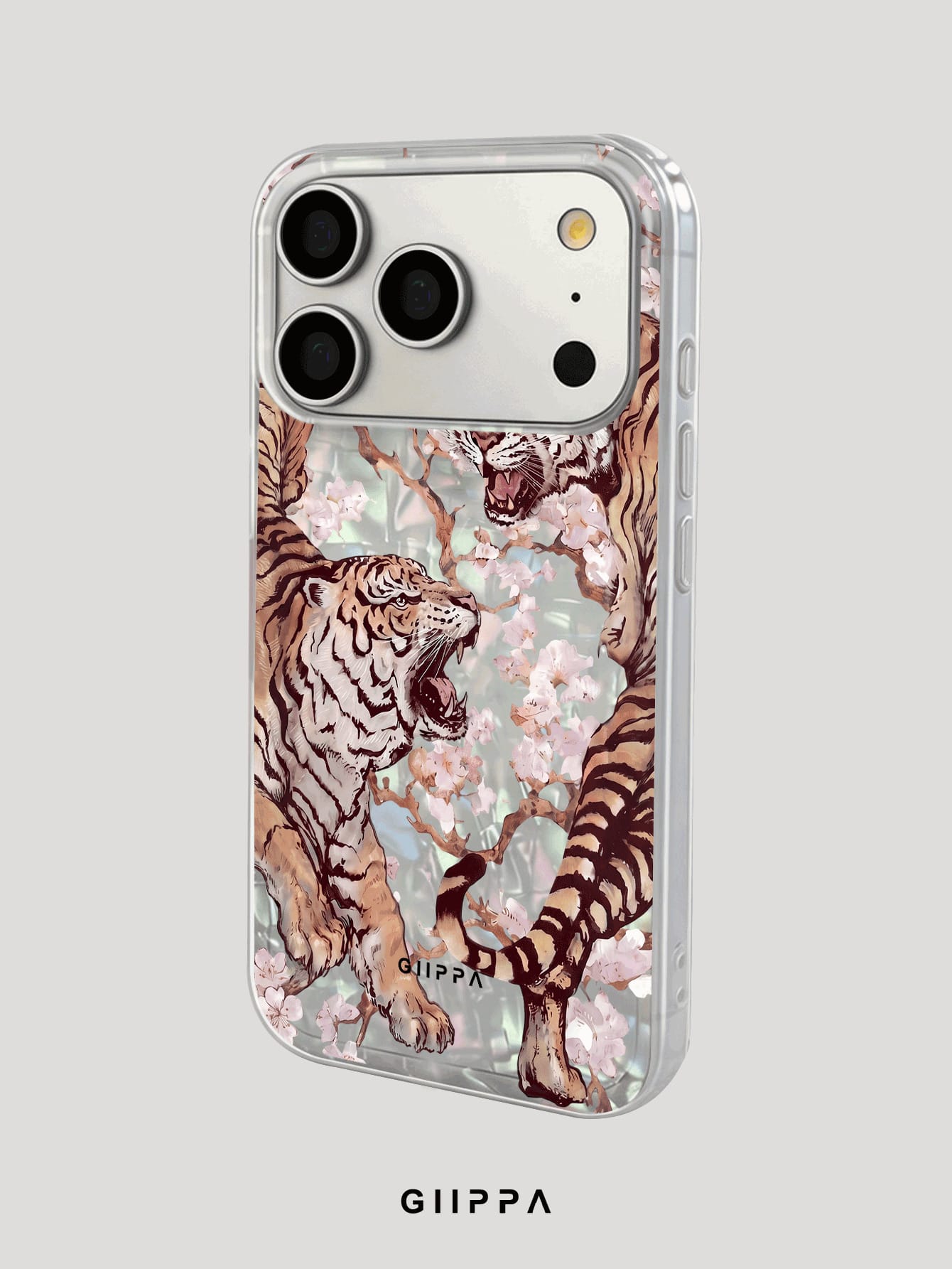 GIIPPA 1pc Dual Tiger Confrontation & Cherry Blossom Pattern Design Phone 17 Pro Max Phone Case, Compatible With Phone 16 Pro Max, 15 Pro Max, 14 Pro Max, 11/12/13/14/15/16 Pro Max Plus, Korean Style