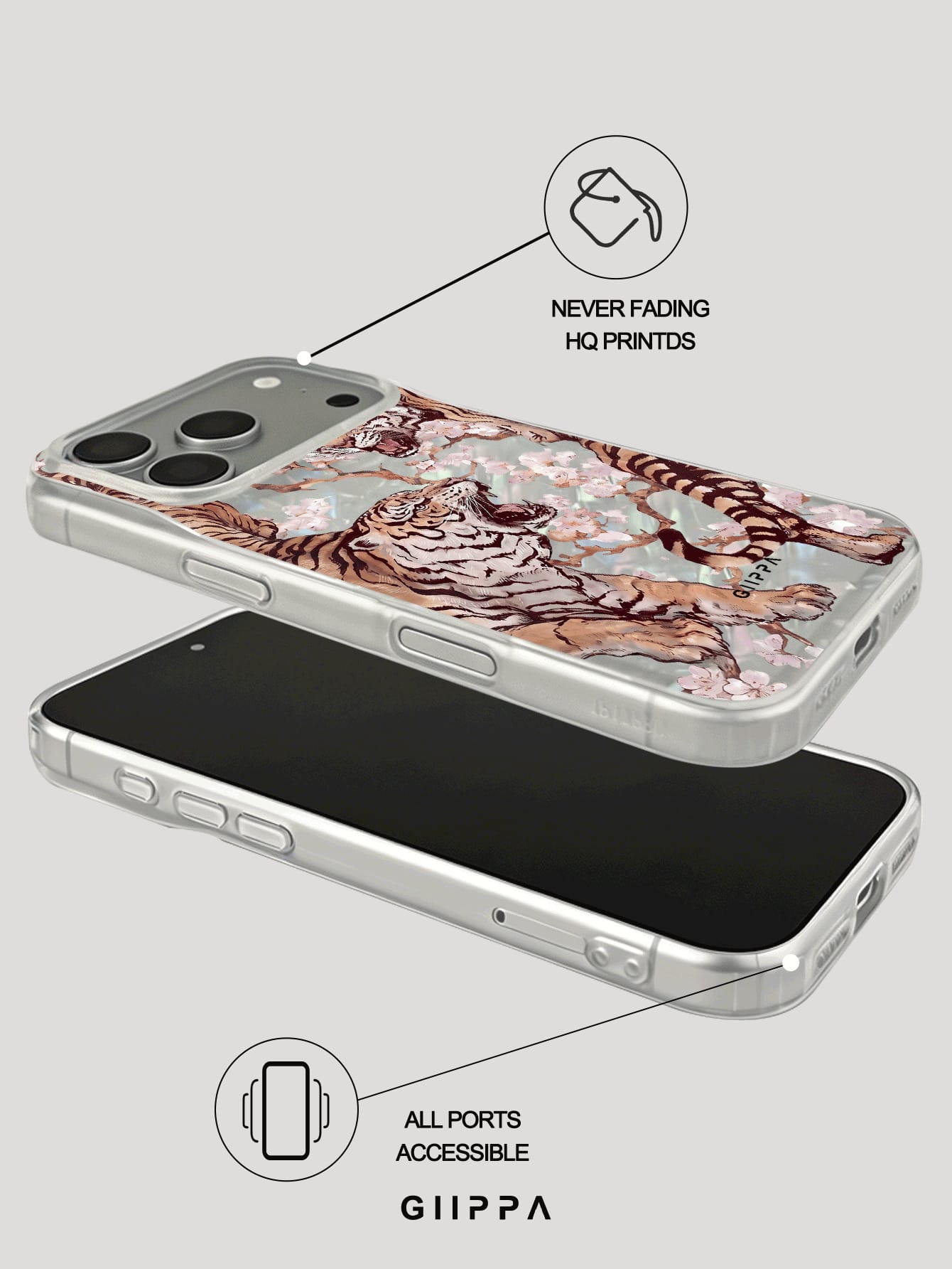 GIIPPA 1pc Dual Tiger Confrontation & Cherry Blossom Pattern Design Phone 17 Pro Max Phone Case, Compatible With Phone 16 Pro Max, 15 Pro Max, 14 Pro Max, 11/12/13/14/15/16 Pro Max Plus, Korean Style