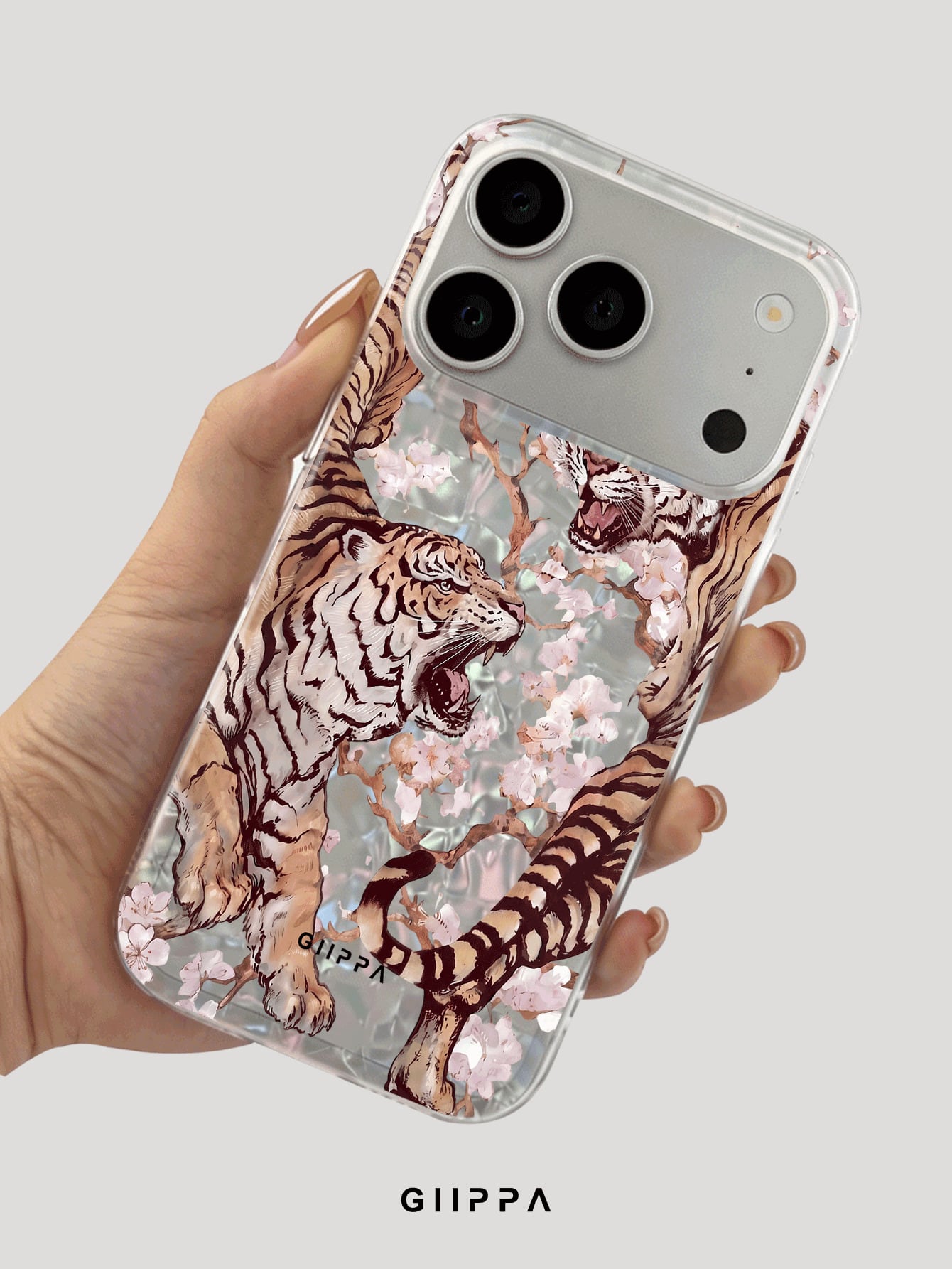 GIIPPA 1pc Dual Tiger Confrontation & Cherry Blossom Pattern Design Phone 17 Pro Max Phone Case, Compatible With Phone 16 Pro Max, 15 Pro Max, 14 Pro Max, 11/12/13/14/15/16 Pro Max Plus, Korean Style