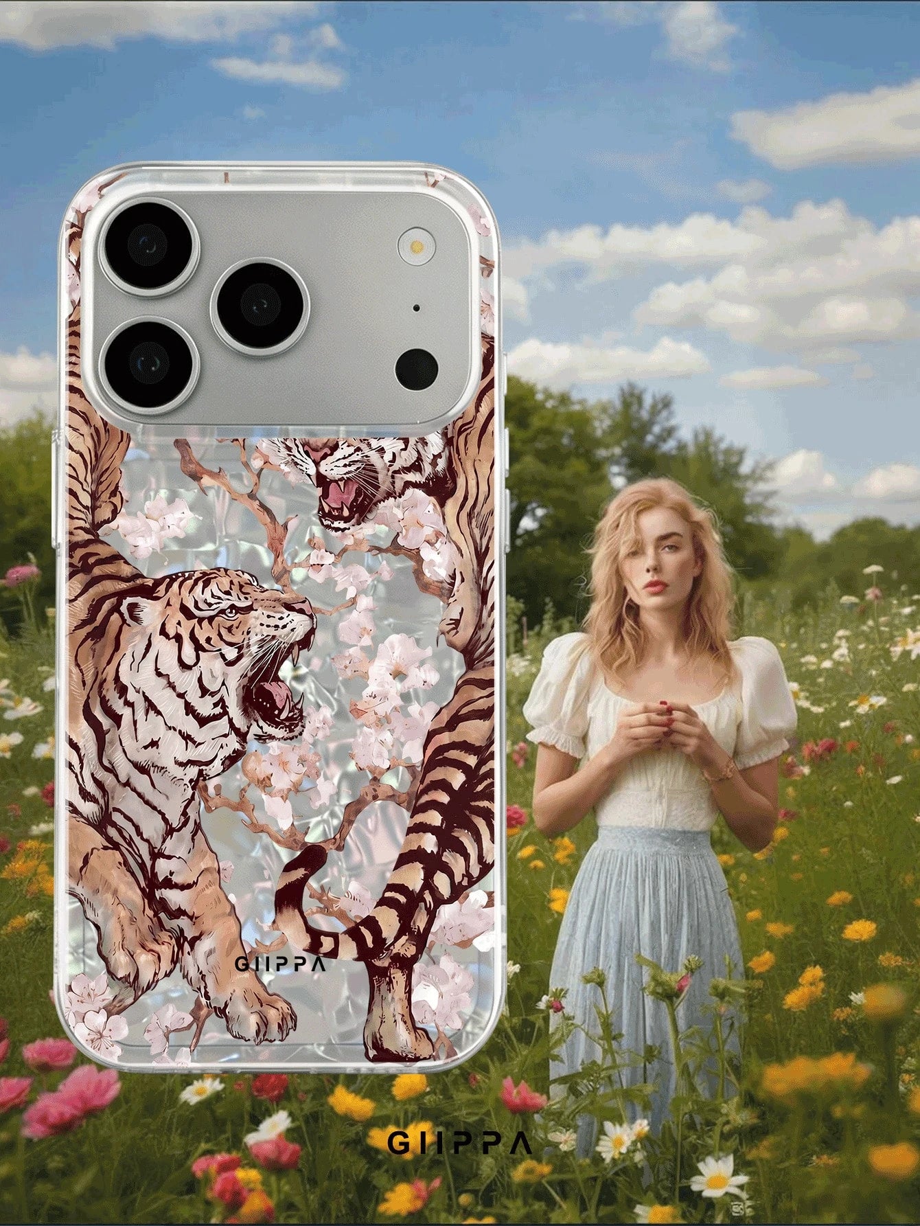 GIIPPA 1pc Dual Tiger Confrontation & Cherry Blossom Pattern Design Phone 17 Pro Max Phone Case, Compatible With Phone 16 Pro Max, 15 Pro Max, 14 Pro Max, 11/12/13/14/15/16 Pro Max Plus, Korean Style