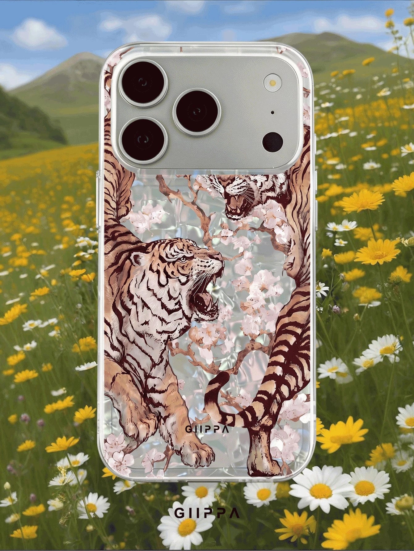 GIIPPA 1pc Dual Tiger Confrontation & Cherry Blossom Pattern Design Phone 17 Pro Max Phone Case, Compatible With Phone 16 Pro Max, 15 Pro Max, 14 Pro Max, 11/12/13/14/15/16 Pro Max Plus, Korean Style