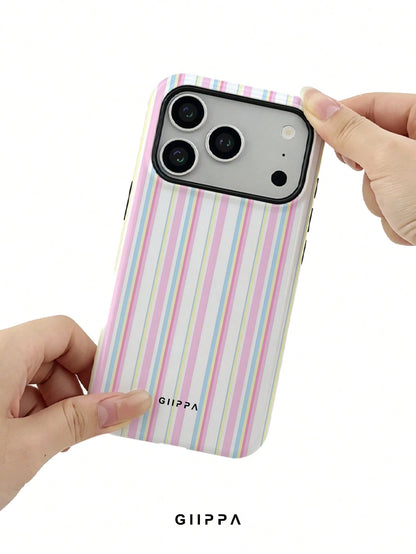 GIIPPA 1pc Pink Tone Vertical Stripe Mixed Pattern Design Phone 17 Pro Max Phone Case, Compatible With Phone 16 Pro Max, 15 Pro Max, 14 Pro Max, Korean-Style High-End Fashion Fun Phone Case, Compatibl